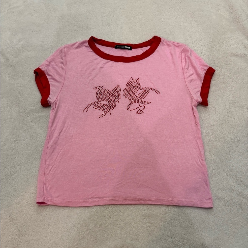 Fashion Nova Cropped Pink Angel and Devil Rhinestone Baby T Shirt​​​​